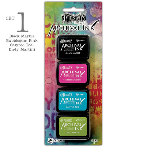 Set 1 - Dyan's Dylusions Archival Mini Ink Pads by Ranger, are an all-purpose ink which dries on most surfaces (paper, card, wood, fabric, vellum, tissue, stone, transparencies (given time to dry) and Yupo. The ink is a permanent, water and fade resistant dye based formula within a raised felt stamp pad. Ideal for use in art journaling, diaries and planners, cardmaking, scrapbooking, mixed media, collage, visual arts, textile arts, and other craft projects.