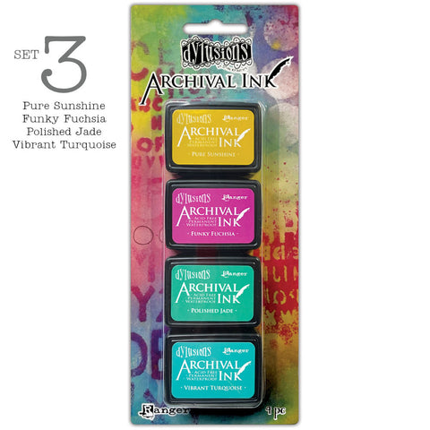 Set 3 - Dyan's Dylusions Archival Mini Ink Pads by Ranger, are an all-purpose ink which dries on most surfaces (paper, card, wood, fabric, vellum, tissue, stone, transparencies (given time to dry) and Yupo. The ink is a permanent, water and fade resistant dye based formula within a raised felt stamp pad. Ideal for use in art journaling, diaries and planners, cardmaking, scrapbooking, mixed media, collage, visual arts, textile arts, and other craft projects.