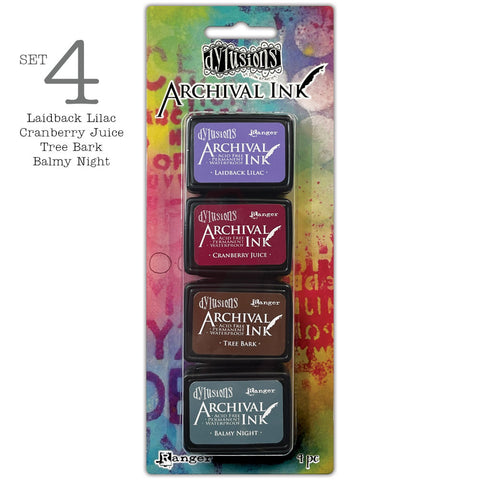 Set 4 - Dyan's Dylusions Archival Mini Ink Pads by Ranger, are an all-purpose ink which dries on most surfaces (paper, card, wood, fabric, vellum, tissue, stone, transparencies (given time to dry) and Yupo. The ink is a permanent, water and fade resistant dye based formula within a raised felt stamp pad. Ideal for use in art journaling, diaries and planners, cardmaking, scrapbooking, mixed media, collage, visual arts, textile arts, and other craft projects.