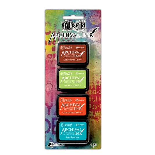 Set 8 - Dyan Reaveley's Dylusions Archival Mini Ink Pads ... by Ranger. Set of 4 (four) colours - Chocolate Drop, Island Parrot, Tangerine Dream, Blue Lagoon (one of each). Each stamp pad is a handy travel size - 1 3/4" x 1 1/4" (44mm x 33mm). Dylusions Archival Mini Ink Pads by Ranger are permanent on most porous surfaces like paper, cardstock, vellum, kraft stock, tissue, stone paper, Yupo, Distress heavystock and some textiles (fabrics, materials that don't need washing). 