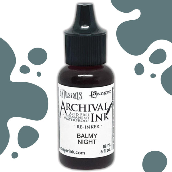 Dyan's Dylusions Archival Ink Reinkers by Ranger, are bottles with fine tip nozzles containing 18ml (.5 fl oz) of an all-purpose ink which dries on most surfaces (paper, card, wood, fabric, vellum, tissue, stone, transparencies (given time to dry) and Yupo. Use to top up your dried well loved Dylusions Archival Mini Ink Pad (sold separately in sets). Image showing Balmy Night.