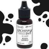 Dyan's Dylusions Archival Ink Reinkers by Ranger, are bottles with fine tip nozzles containing 18ml (.5 fl oz) of an all-purpose ink which dries on most surfaces (paper, card, wood, fabric, vellum, tissue, stone, transparencies (given time to dry) and Yupo. Use to top up your dried well loved Dylusions Archival Mini Ink Pad (sold separately in sets). Image showing Black Marble.