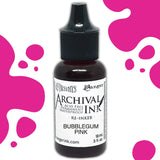Dyan's Dylusions Archival Ink Reinkers by Ranger, are bottles with fine tip nozzles containing 18ml (.5 fl oz) of an all-purpose ink which dries on most surfaces (paper, card, wood, fabric, vellum, tissue, stone, transparencies (given time to dry) and Yupo. Use to top up your dried well loved Dylusions Archival Mini Ink Pad (sold separately in sets). Image showing Bubblegum Pink.