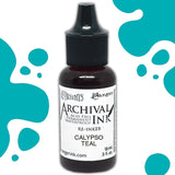 Dyan's Dylusions Archival Ink Reinkers by Ranger, are bottles with fine tip nozzles containing 18ml (.5 fl oz) of an all-purpose ink which dries on most surfaces (paper, card, wood, fabric, vellum, tissue, stone, transparencies (given time to dry) and Yupo. Use to top up your dried well loved Dylusions Archival Mini Ink Pad (sold separately in sets). Image showing Calypso Teal.