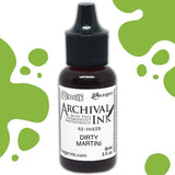 Dyan's Dylusions Archival Ink Reinkers by Ranger, are bottles with fine tip nozzles containing 18ml (.5 fl oz) of an all-purpose ink which dries on most surfaces (paper, card, wood, fabric, vellum, tissue, stone, transparencies (given time to dry) and Yupo. Use to top up your dried well loved Dylusions Archival Mini Ink Pad (sold separately in sets). Image showing Dirty Martini.