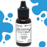 Dyan's Dylusions Archival Ink Reinkers by Ranger, are bottles with fine tip nozzles containing 18ml (.5 fl oz) of an all-purpose ink which dries on most surfaces (paper, card, wood, fabric, vellum, tissue, stone, transparencies (given time to dry) and Yupo. Use to top up your dried well loved Dylusions Archival Mini Ink Pad (sold separately in sets). Image showing London Blue.