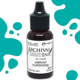 Dyan's Dylusions Archival Ink Reinkers by Ranger, are bottles with fine tip nozzles containing 18ml (.5 fl oz) of an all-purpose ink which dries on most surfaces (paper, card, wood, fabric, vellum, tissue, stone, transparencies (given time to dry) and Yupo. Use to top up your dried well loved Dylusions Archival Mini Ink Pad (sold separately in sets). Image showing Vibrant Turquoise.