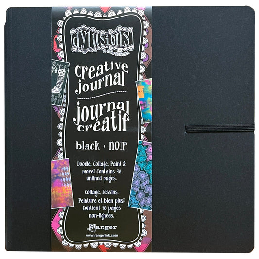 Dylusions Creative Journal, Square 8"x8" - Black Mixed Media Paper ... by Dyan Reaveley and Ranger - This book features a hardback kraft cover, pocket inside the front cover, elastic closure, and filled with 48 pages of unlined smooth black heavyweight Mixed Media Cardstock with a matte finish. Opens flat for ease of use. Journaling, scrapbooking, swatch collecting, diary, planner, blank book for many uses.