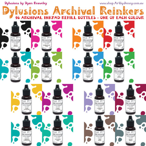 Dyan's Dylusions Archival Ink Reinkers by Ranger, are bottles with fine tip nozzles containing 18ml (.5 fl oz) of an all-purpose ink which dries on most surfaces (paper, card, wood, fabric, vellum, tissue, stone, transparencies (given time to dry) and Yupo. Use to top up your dried well loved Dylusions Archival Mini Ink Pad (sold separately in sets). Image showing all 16 colours with blobby swatches.