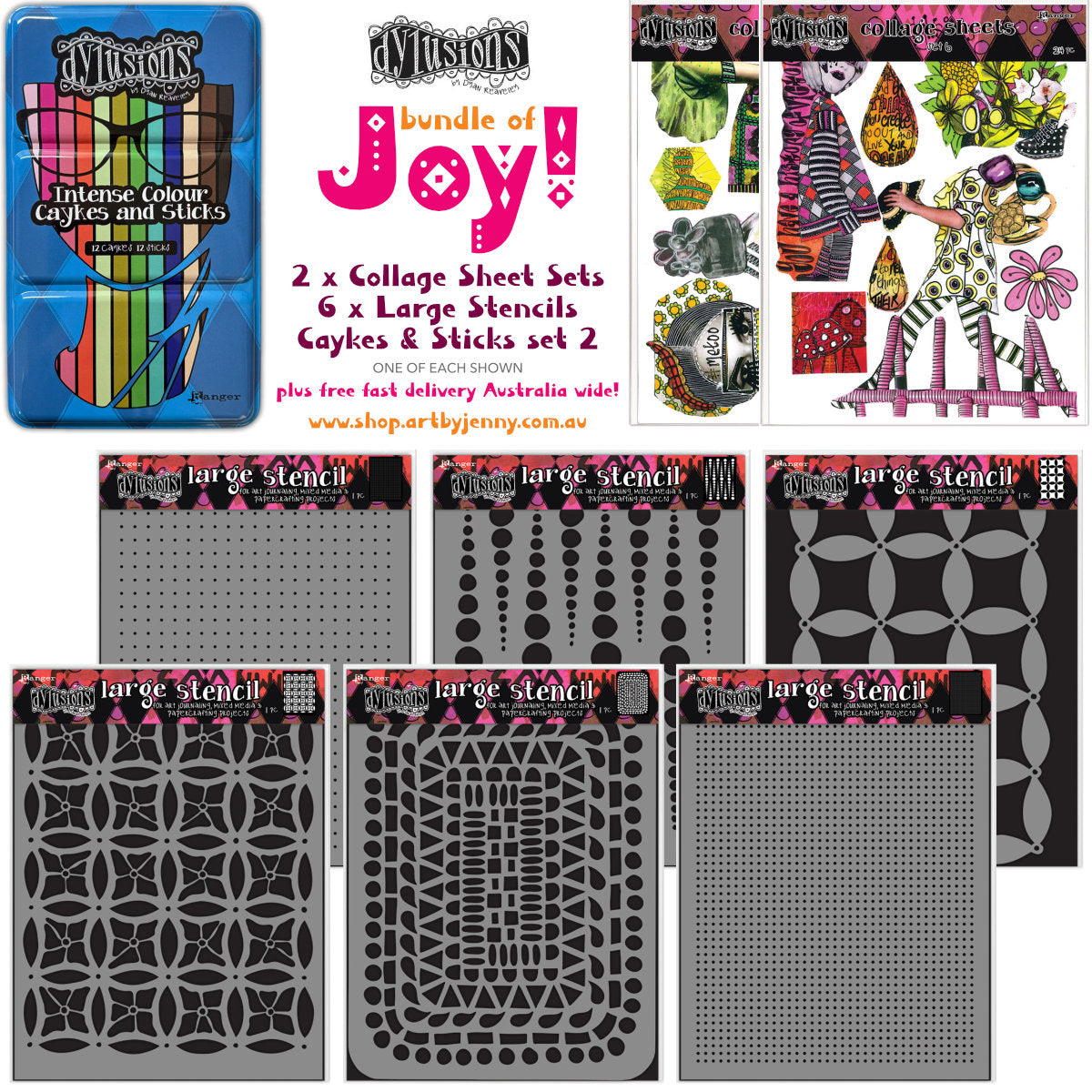 Dylusions by Dyan Reaveley - Bundle of Arty Crafty Joy! All your arty essentials includes 6 large stencils (one of each design), Collage Sheets Set 5 and Set 6, one tin of Intense Colour Caykes &amp; Sticks Set 2 plus free delivery Australia wide!&nbsp;