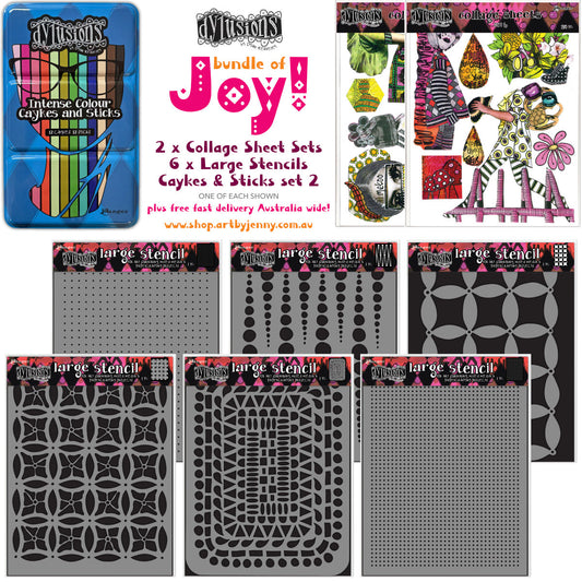 Dylusions by Dyan Reaveley - Bundle of Arty Crafty Joy! All your arty essentials includes 6 large stencils (one of each design), Collage Sheets Set 5 and Set 6, one tin of Intense Colour Caykes &amp; Sticks Set 2 plus free delivery Australia wide!&nbsp;