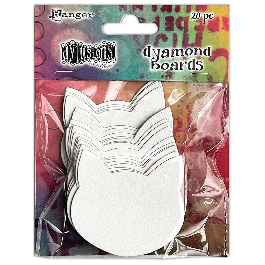 Dyamond Boards - Cats ... by Dyan Reaveley's Dylusions and Ranger Ink. Primed, ready to alter, thin white chipboard shapes for use in mixed media, cardmaking, art journaling, scrapbooking, papercrafts and visual arts of all kinds to create multi-layered and dimensional artwork. 20 (twenty) pieces of 1mm thick primed chipboard in 1 style, a feline's head with oval face and triangular ears, 58mm x 54mm high.