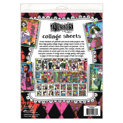 Dyan Reaveley's Dylusions Collage Sheets for mixed media, scrapbooking, journaling, junk-journals, planners, tags, cards, ATCs, index cards, memorydex cards, all kinds of collage decoupage and papercrafting enjoyment. DYA93862 - Set no.5 . photo of the pack of the packaging showing partial sheets with designs of patterns, backgrounds. shapes. heads, arms, legs, bodies, hexagons.