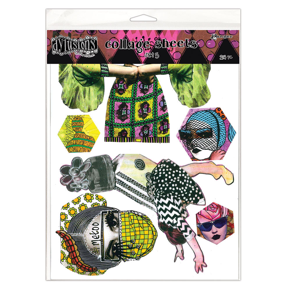 Dyan Reaveley's Dylusions Collage Sheets for mixed media, scrapbooking, journaling, junk-journals, planners, tags, cards, ATCs, index cards, memorydex cards, all kinds of collage decoupage and papercrafting enjoyment. DYA93862 - Set no.5 . photo of the packaging showing part of one sheet of designs, heads, arms, legs, bodies, hexagons.