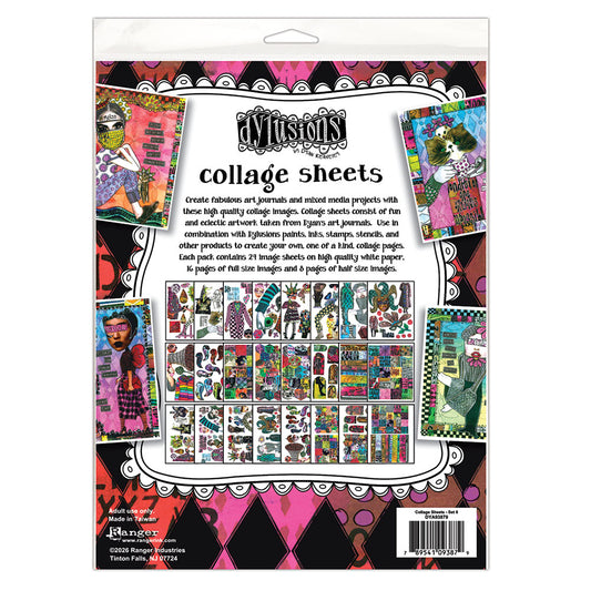 Dyan Reaveley's Dylusions Collage Sheets for mixed media, scrapbooking, journaling, junk-journals, planners, tags, cards, ATCs, index cards, memorydex cards, all kinds of collage decoupage and papercrafting enjoyment. DYA93879 - Set no.6 . photo of the back of the packing showing designs of arches, squares, backgrounds, people, walking body with hat, teardrop with text, toadstools, party cat, flowers and much more.