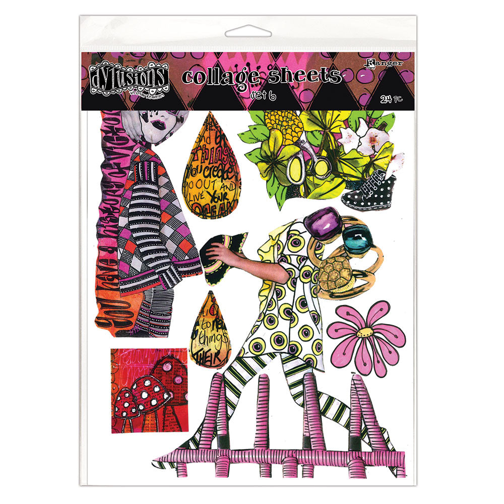 Dyan Reaveley's Dylusions Collage Sheets for mixed media, scrapbooking, journaling, junk-journals, planners, tags, cards, ATCs, index cards, memorydex cards, all kinds of collage decoupage and papercrafting enjoyment. DYA93879 - Set no.6 . photo of the packaging showing part of one sheet with designs person, walking body, flower, teardrop with text, toadstools, flowers.