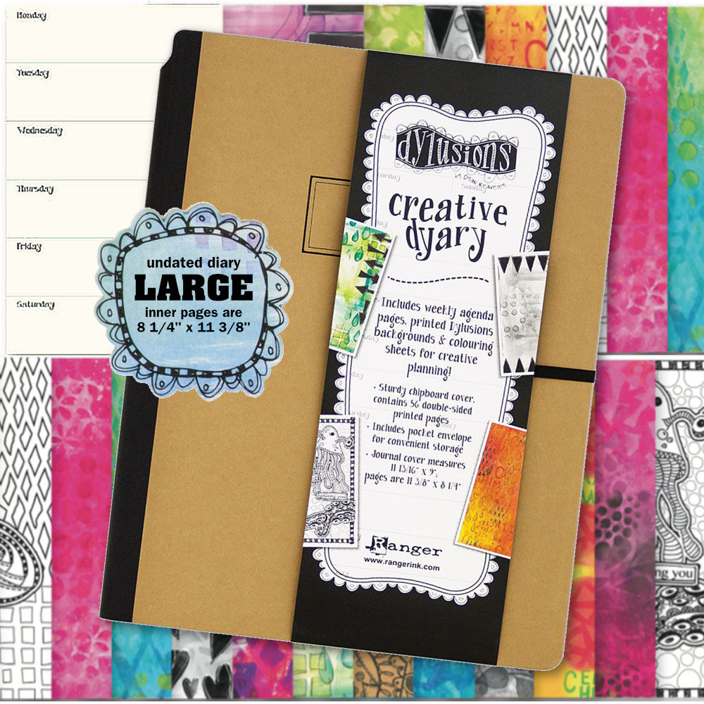 Creative Dyary vol 2 - Large ... Dylusions by Dyan Reaveley. 56 pages, mixed media paper, week to an opening, hardcover, opens flat, undated perpetual diary. Designs in this book include abstract patterns and colourful backgrounds, plus black and white illustrated scenes with roses, ocean creatures, quirky people in keyholes and more.