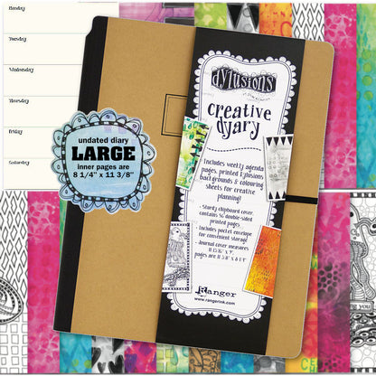 Creative Dyary vol 2 - Large ... Dylusions by Dyan Reaveley. 56 pages, mixed media paper, week to an opening, hardcover, opens flat, undated perpetual diary. Designs in this book include abstract patterns and colourful backgrounds, plus black and white illustrated scenes with roses, ocean creatures, quirky people in keyholes and more.