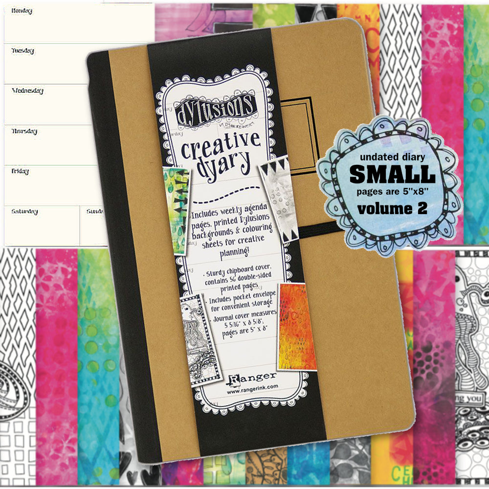 Creative Dyary vol 2 - Small (5" x 8") ... Dylusions by Dyan Reaveley. 56 pages, mixed media paper, week to a page, flexible perpetual diary without dates. Designs in this book include abstract patterns and colourful backgrounds plus illustrations and black-white scenes with roses, ocean creatures, quirky people in keyholes and more.
