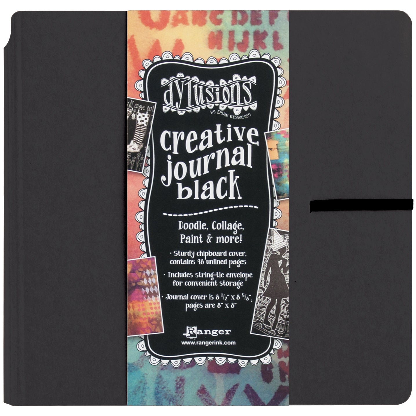 Dylusions Creative Journal, Square 8"x8" - Black Mixed Media Paper ... by Dyan Reaveley and Ranger - This book features a hardback kraft cover, pocket inside the front cover, elastic closure, and filled with 48 pages of unlined smooth black heavyweight Mixed Media Cardstock with a matte finish. Opens flat for ease of use. Journaling, scrapbooking, swatch collecting, diary, planner, blank book for many uses.