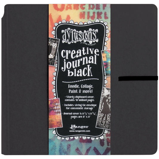 Dylusions Creative Journal, Square 8"x8" - Black Mixed Media Paper ... by Dyan Reaveley and Ranger - This book features a hardback kraft cover, pocket inside the front cover, elastic closure, and filled with 48 pages of unlined smooth black heavyweight Mixed Media Cardstock with a matte finish. Opens flat for ease of use. Journaling, scrapbooking, swatch collecting, diary, planner, blank book for many uses.