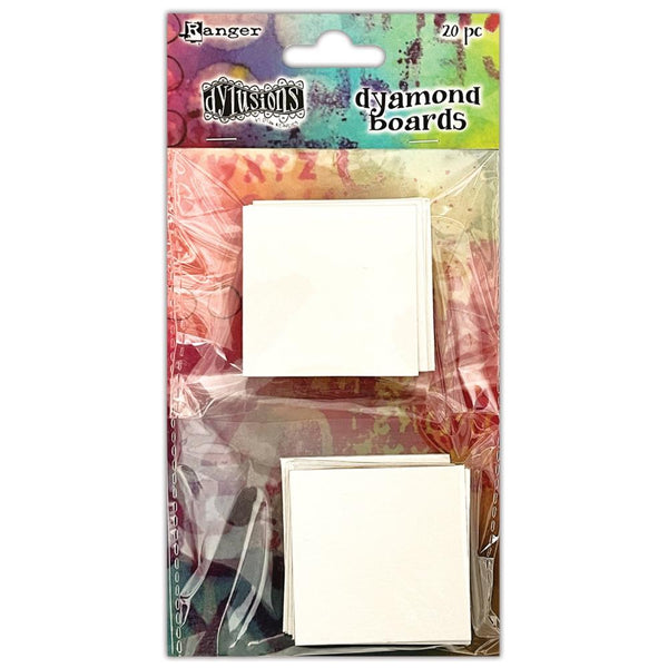Dyamond Boards - Squares ... by Dyan Reaveley's Dylusions and Ranger Ink. Primed, precut chipboard shapes for use with embossing powders and pearlised pigments and other art supplies when creating dimensional layers with mixed media and visual arts. This package contains : 20 (twenty) primed chipboard (compressed paper) pieces cut into the shape of a square (4 sided shape), all of the same size 