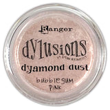 Dyamond Dust ... by Dyan Reaveley's Dylusions and Ranger Ink. Pearl Pigment powder in Dylusions colours to add shimmer and enhance artwork.  Available in 6 colours. Create beautiful pearlescent effects on book covers, journals, scrapbooks, greeting cards, mixed media, embossed dimensional artwork and more. Photo of Bubblegum Pink, light pink.