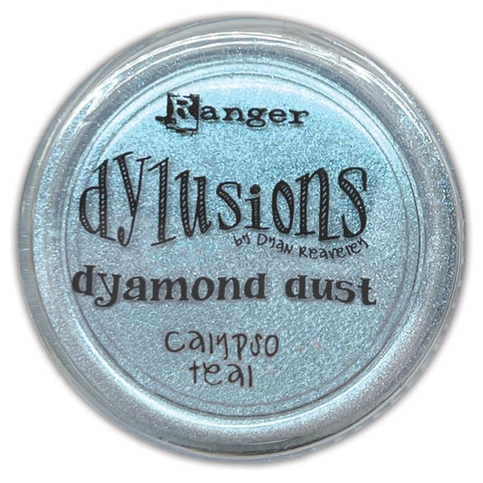 Dyamond Dust ... by Dyan Reaveley's Dylusions and Ranger Ink. Pearl Pigment infused mica powder in vibrant Dylusions colours to add shimmer and enhance artwork. Create beautiful shimmery and colourfully pearlescent effects on book covers, journals, scrapbooks, greeting cards, mixed media, embossed dimensional artwork and more. Photo of Calypso Teal (sky blue)