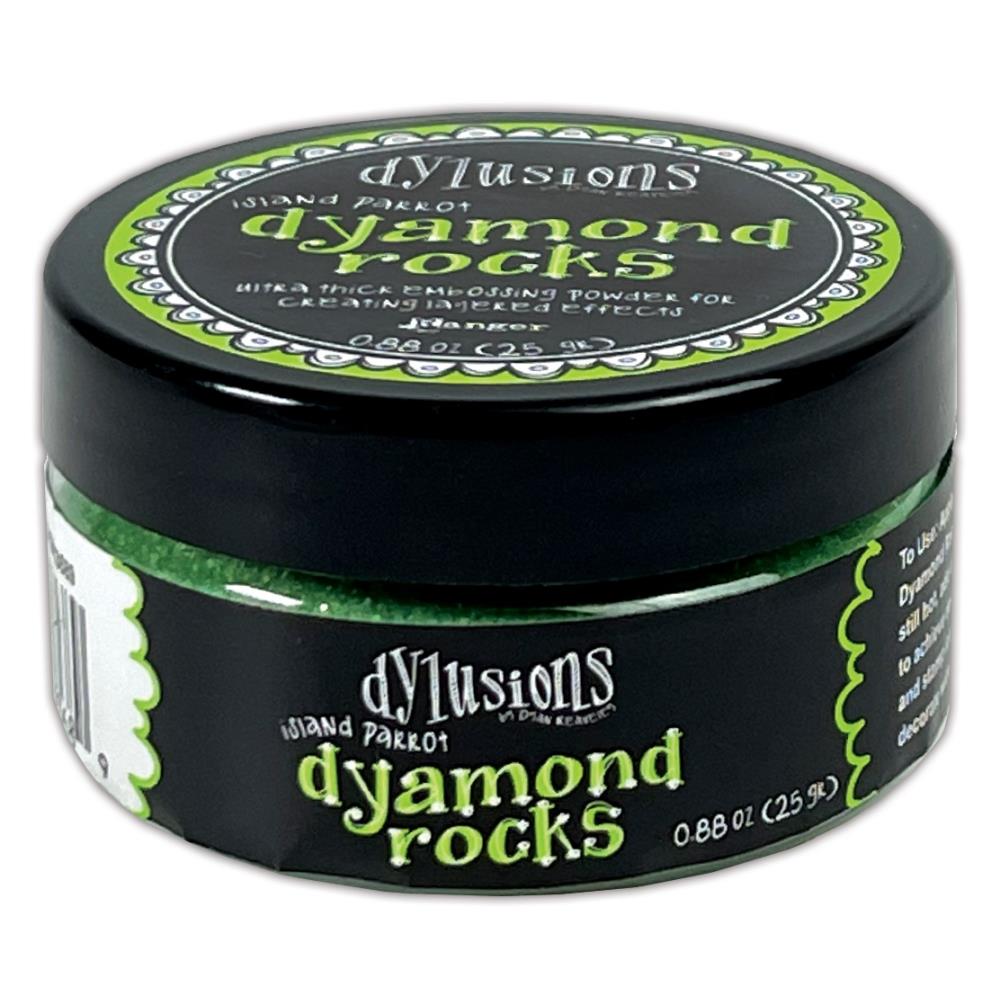 This photo is of Island Parrot (bright green) 25g jar of Dyamond Rocks (ultra thick embossing powder) ... by Dyan Reaveley's Dylusions and Ranger Ink. Ultra Thick Embossing Powder in Dylusions colours to add dimension and shaped layers to create a raised enamel-like finish without the solvents.   Create beautiful 3D effects on book covers, journals, scrapbooks, greeting cards, mixed media, embossed dimensional artwork and more.