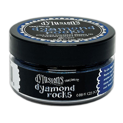 Tanzanite (metallic mid blue)  Dyamond Rocks ... Dylusions by Dyan Reaveley and Ranger Ink. Jar of Ultra Thick Embossing Powder used to create dimension and shaped layers with a smooth, 3-dimensional raised layer with an enamel-like finish. Use with junk journals, book covers, ornaments, decorations, off-the-page creativity, scrapbooks, greeting cards, mixed media, visual sculptured artwork and more. Photo of the jar.