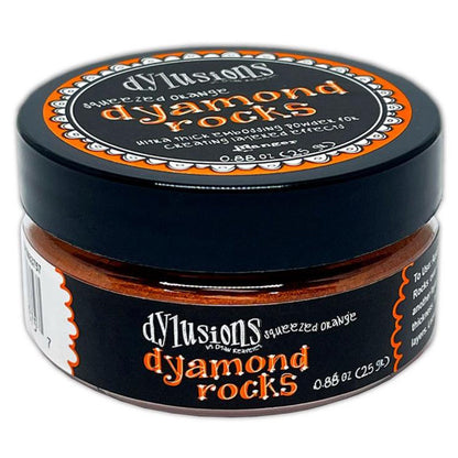 Squeezed Orange, jar of Dyamond Rocks (ultra thick embossing powder) ... by Dyan Reaveley's Dylusions and Ranger Ink. Ultra Thick Embossing Powder in Dylusions colours to add dimension and shaped layers to create a raised enamel-like finish without the solvents.   Create beautiful 3D effects on book covers, journals, scrapbooks, greeting cards, mixed media, embossed dimensional artwork and more.