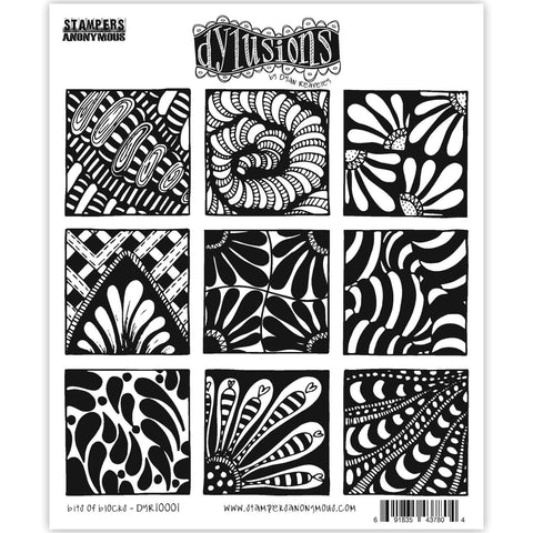 Bits of Blocks ... rubber stamp set - Dylusions by Dyan Reaveley (DYR10001). 9 (nine) designs for use in mixed media, art journaling, stamping on fabrics, papercrafts, visual arts of all kinds.  This set includes 9 (nine) squares, each with a unique original pattern drawn by Dyan which compliments the whole of the Dylusions stamp collection. Use with quilts, books, cards, backgrounds, tags, anywhere! The shapes match all the quilting style Dylusions stamps