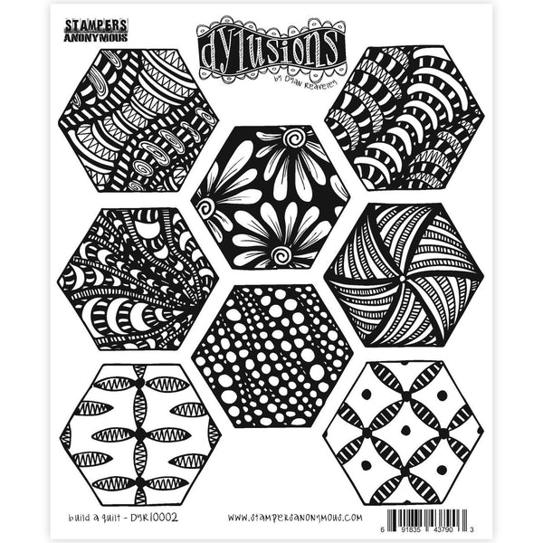 Build a Quilt ... rubber stamp set - Dylusions by Dyan Reaveley (DYR10002). 8 (eight) designs for use in mixed media, art journaling, stamping on fabrics, papercrafts, visual arts of all kinds.  This set includes 8 medium sized hexagon blocks, each in unique patterns and styles to mix and match. The shapes match all the quilting style Dylusions stamps, giving you the flexibility to create and stamp however you wish, no rules, no limits and definitely no mistakes! Enjoy.