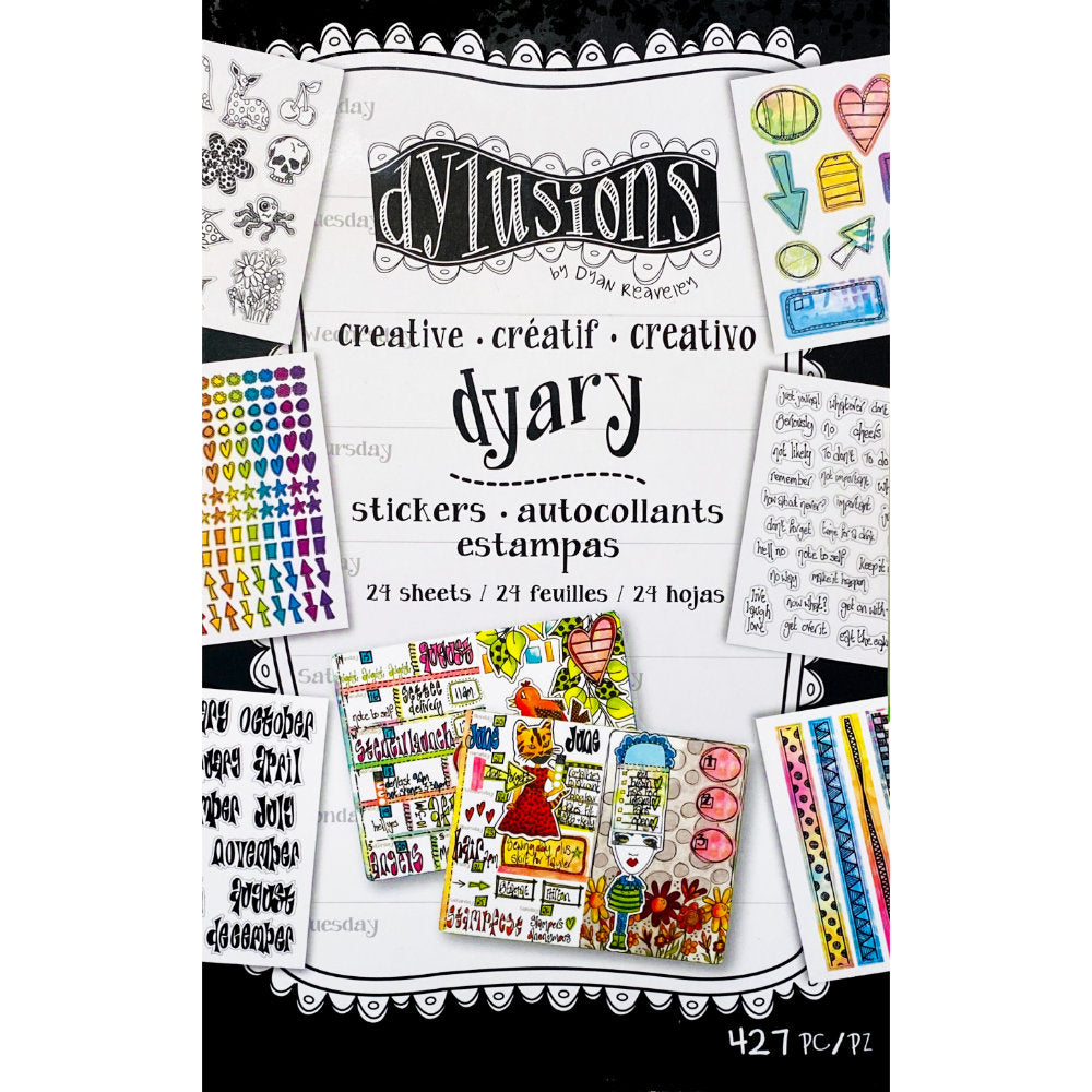 Dyary Sticker Book ... Dylusions by Dyan Reaveley - adhesive backed sheets of imagery in full colour and black on white and clear to use with planners, calendars, diaries, notebooks, journaling, cards, visual arts and papercrafts. 24 (twenty four) pages, 5" x 8 1/2" in size.

Dyan's unique handiwork, lettering, words, artwork and illustrations have been recreated smaller to fit all kinds of excuses to create. 