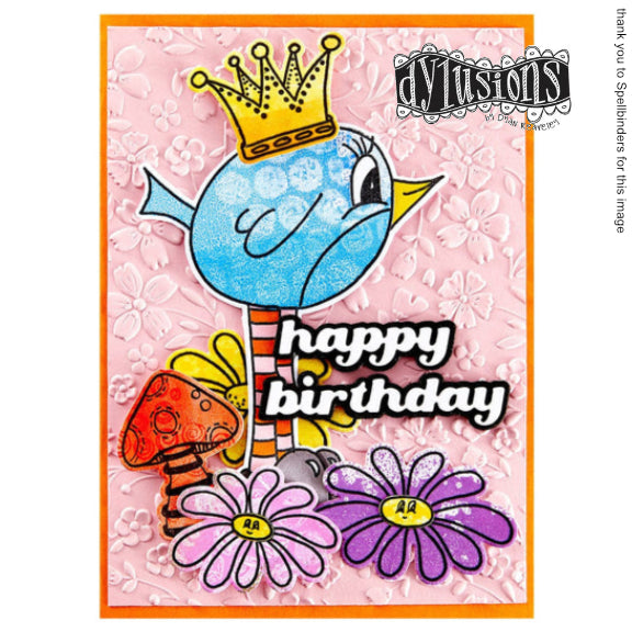 Robin Couture Dylusions Stamp Set (DYR10009). Original designs by Dyan Reaveley, made by Stampers Anonymous out of red rubber mounted on cling foam. Perfect for mixed media, art journaling, scrapbooking, stamping on fabrics, using in papercrafts and visual arts of all kinds. 16 (sixteen) designs. A card from Spellbinders, featuring the little robin wearing a crown, amongst the daisies on an embossed backdrop.