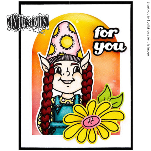 Gnome Sweet Gnome ... Dylusions Stamp Set (DYR10011). Original designs by Dyan Reaveley, made by Stampers Anonymous out of red rubber mounted on cling foam. Perfect for mixed media, art journaling, scrapbooking, stamping on fabrics, using in papercrafts and visual arts of all kinds. 12 (twelve) designs. A 'for you' greeting card example using the feminine gnome and smiling flowers, used with thanks to Spellbinders.