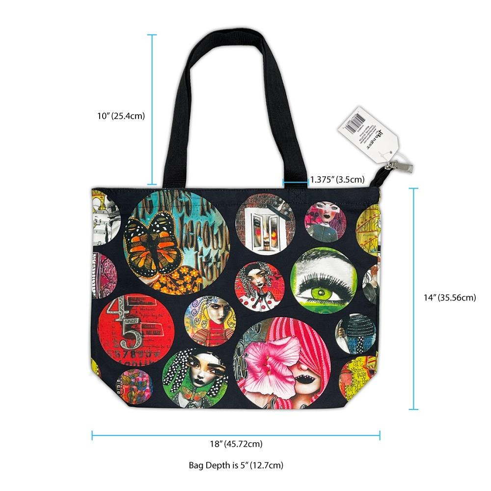 Shoulder Bag, Large Zippered Tote ... by Dyan Reaveley's Dylusions and Ranger. 
Made of the same durable and luxurious feeling printed canvas as used for the Dylusions apron (also available sold separately), this large shoulder bag features a black zipper with silver clasp, long canvas black straps and double stitching for added strength. Perfect carry-all for shopping, carrying art supplies, travelling bag or storage. Photo of the bag with measurements.
