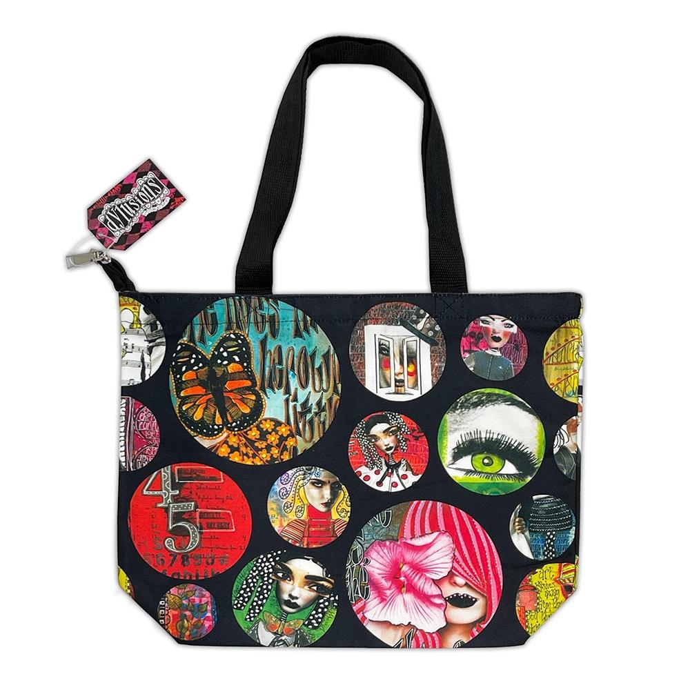 Shoulder Bag, Large Zippered Tote ... by Dyan Reaveley's Dylusions and Ranger. 
Made of the same durable and luxurious feeling printed canvas as used for the Dylusions apron (also available sold separately), this large shoulder bag features a black zipper with silver clasp, long canvas black straps and double stitching for added strength. Perfect carry-all for shopping, carrying art supplies, travelling bag or storage. Photo of the bag.
