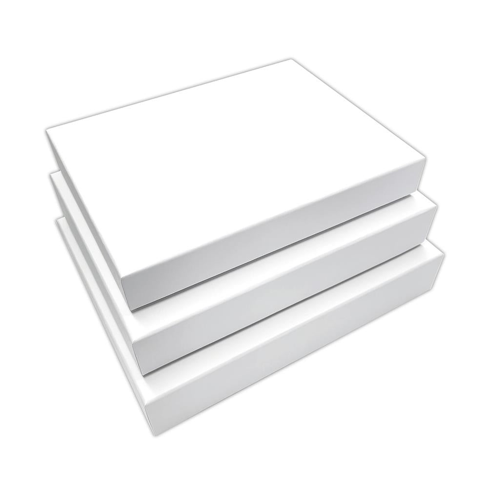 Nesting Boxes - White, 3 Boxes or 6 Trays ... Dyan Reaveley's Dylusions and Ranger.&nbsp; Dyan's Dylusions Nesting Boxes are a set of 6 (six) trays made of durable white board with reinforced corners which fit perfectly within each other in a stack. Alter and use as storage or gifts for friends and family. Photo of a stack of 3 closed boxes.