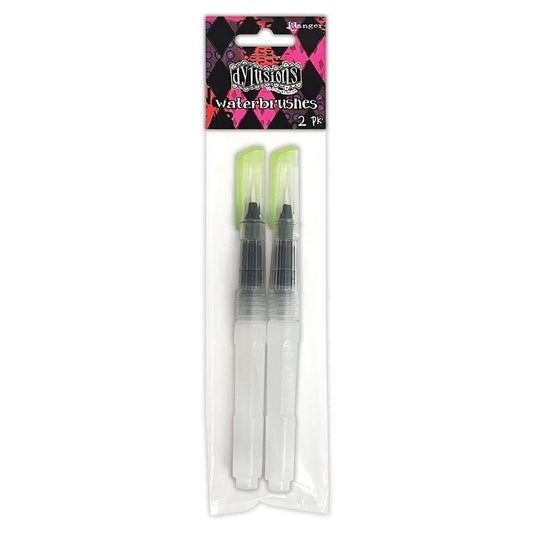 The Dylusions waterbrush is an essential tool for everyone including painters, watercolourists, artists, journalers, calligraphers, illustrators, colourists and paper crafters. The durable synthetic bristles are flexible and hold their shape well. The very fine brush tip allows you to create thin and thick lines by adjusting your angle and pressure, perfect for small areas and details. Photo of the pack. 2 Waterbrushes.