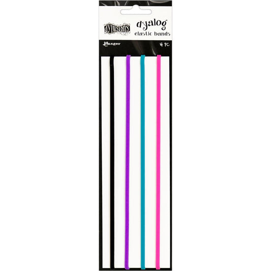 Dyalog Elastics - Dylusions by Dyan Reaveley ... 4 (four) flexible silicone bands for holding together pages, books, notes, folders, albums, boxes and more. The bands are 18cm long, in the Dylusions colours of Funky Fuchsia, Crushed Grape, Calypso Teal and Black Marble, one of each colour.
Enjoy using these strong durable elastics (the rubbery kind, feels like silicone) with your journaling notebooks (planners, insert books) that you use for making daily art, planning, organising life, and more.