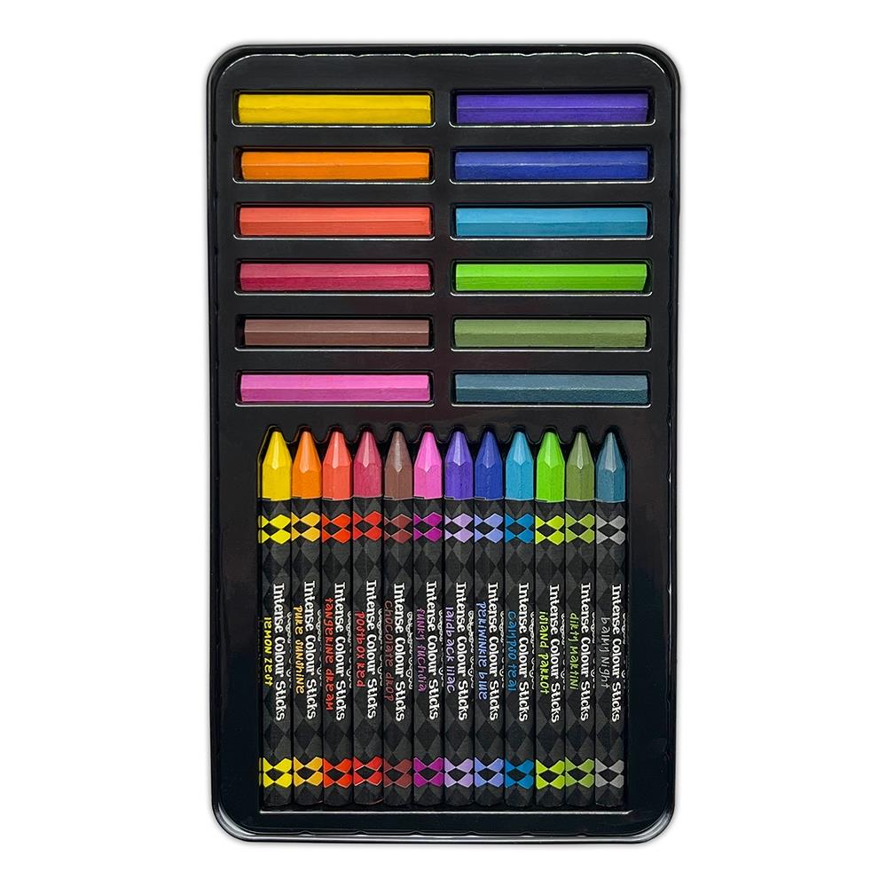 Intense Colour Caykes and Sticks - set 1 ... by Dyan Reaveley's Dylusions and Ranger. Tin of vibrant and watersoluble woodless watercolour (ink-based) pencils (sticks) and cylinder shaped pans (caykes), each in 12 (twelve) colours to use in watercolouring, painting, journaling, mixed media, visual arts of all kinds. Photo of the tray of paints and pencils.