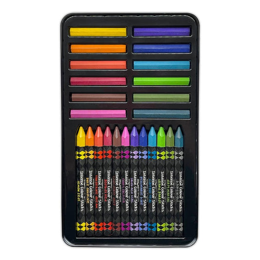 Intense Colour Caykes and Sticks - set 1 ... by Dyan Reaveley's Dylusions and Ranger. Tin of vibrant and watersoluble woodless watercolour (ink-based) pencils (sticks) and cylinder shaped pans (caykes), each in 12 (twelve) colours to use in watercolouring, painting, journaling, mixed media, visual arts of all kinds. Photo of the tray of paints and pencils.