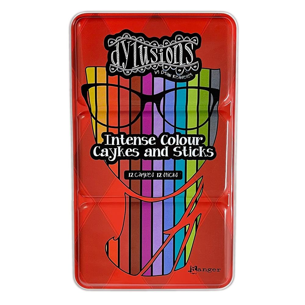 Intense Colour Caykes and Sticks - set 1 ... by Dyan Reaveley's Dylusions and Ranger. Tin of vibrant and watersoluble woodless watercolour (ink-based) pencils (sticks) and cylinder shaped pans (caykes), each in 12 (twelve) colours to use in watercolouring, painting, journaling, mixed media, visual arts of all kinds. Photo of the tin.