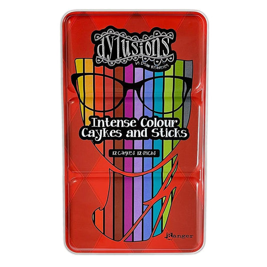 Intense Colour Caykes and Sticks - set 1 ... by Dyan Reaveley's Dylusions and Ranger. Tin of vibrant and watersoluble woodless watercolour (ink-based) pencils (sticks) and cylinder shaped pans (caykes), each in 12 (twelve) colours to use in watercolouring, painting, journaling, mixed media, visual arts of all kinds. Photo of the tin.