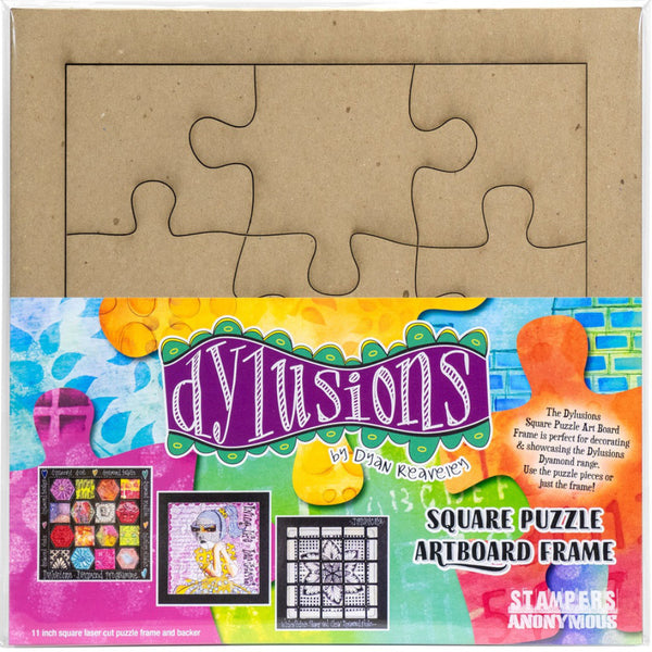 Jigsaw Puzzle Artboard Pieces and Frame ... Dylusions by Dyan Reaveley. Large square frame, 11"x11", with 9 (nine) jigsaw shapes made of 4.5mm thick craftboard, for use in mixed media, art journaling, stamping on fabrics, papercrafts, visual arts of all kinds.  Made by Stampers Anonymous, Dyan Reaveley's Dylusions puzzle pieces and frame are made of thick compressed recycled cardboard, lasercut and ready to use.