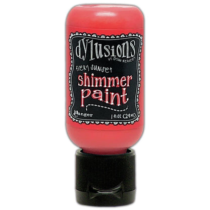 Fiery Sunset, red - Dylusions Shimmer Acrylic Paint by Dyan Reaveley ... Vibrant Mica Infused Pearlescent Gorgeous Colours - Flip Cap Bottle 1 fl oz (29ml). Dyan Reaveley's Dylusions acrylic paint is a beautiful sparkly shimmer. These are not simply a flash of iridescence or white pearl, these are colourful through and through! Smooth, blendable, waterbased acrylic paint, easy to use, quick drying, layerable.