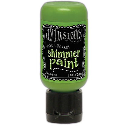 Island Parrot, green - Dylusions Shimmer Acrylic Paint by Dyan Reaveley ... Vibrant Mica Infused Pearlescent Gorgeous Colours - Flip Cap Bottle 1 fl oz (29ml). Dyan Reaveley's Dylusions acrylic paint is a beautiful sparkly shimmer. These are not simply a flash of iridescence or white pearl, these are colourful through and through! Smooth, blendable, waterbased acrylic paint, easy to use, quick drying, layerable.
