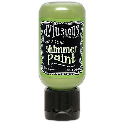 Mushy Peas - Dylusions Shimmer Acrylic Paint by Dyan Reaveley ... Vibrant Mica Infused Pearlescent Gorgeous Colours - Flip Cap Bottle 1 fl oz (29ml). Dyan Reaveley's Dylusions acrylic paint is a beautiful sparkly shimmer. These are not simply a flash of iridescence or white pearl, these are colourful through and through! Smooth, blendable, waterbased acrylic paint, easy to use, quick drying, layerable.