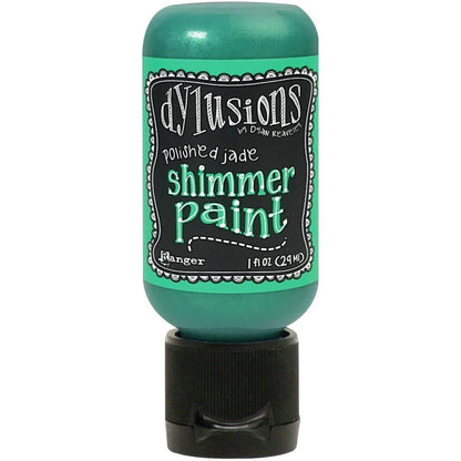 Polished Jade - Dylusions Shimmer Acrylic Paint by Dyan Reaveley ... Vibrant Mica Infused Pearlescent Gorgeous Colours - Flip Cap Bottle 1 fl oz (29ml). Dyan Reaveley's Dylusions acrylic paint is a beautiful sparkly shimmer. These are not simply a flash of iridescence or white pearl, these are colourful through and through! Smooth, blendable, waterbased acrylic paint, easy to use, quick drying, layerable.